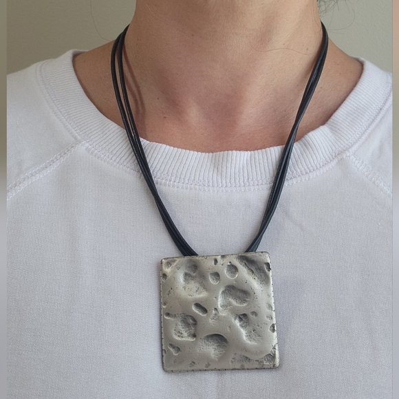 Athens Jewelry - ARTISTIC handmade artisanal metal necklace, leather rope, made in Greece